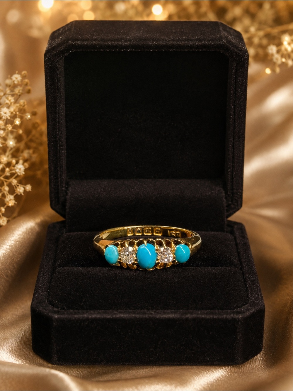 Antique turquoise & old cut diamond 5 stone ring solid 18k